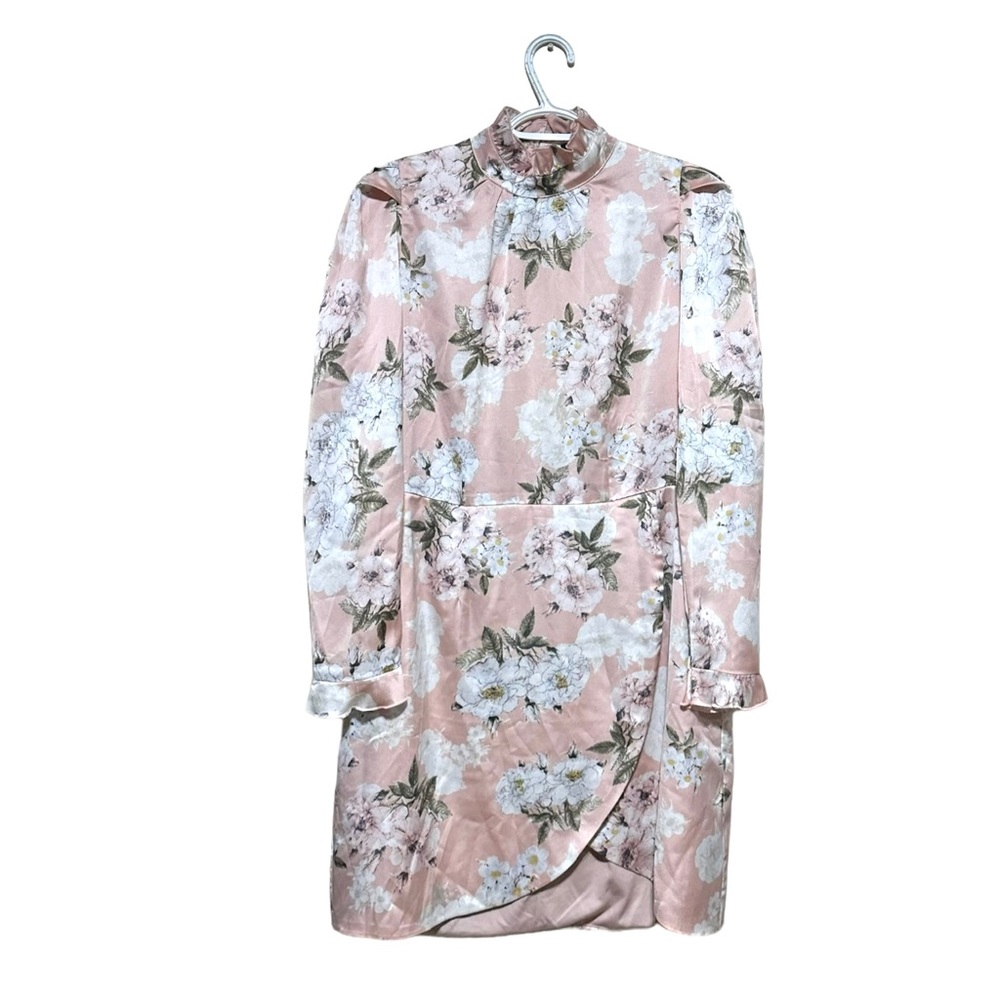 NWOT Boohoo Baby Pink Floral Ruffled High Neck Longsleeves Open Back Dress